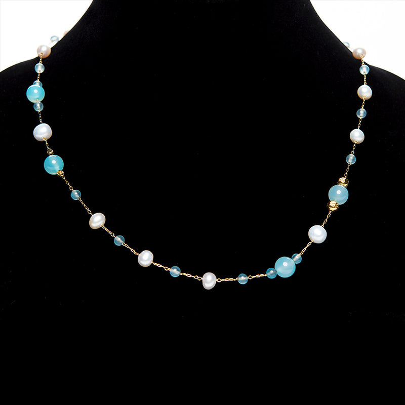 Genuine 3-strand pearl necklace with aquamarine and 14k beads and - Ruby  Lane
